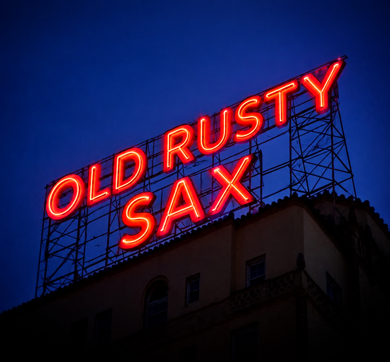 Old Rusty Sax neon sign at night